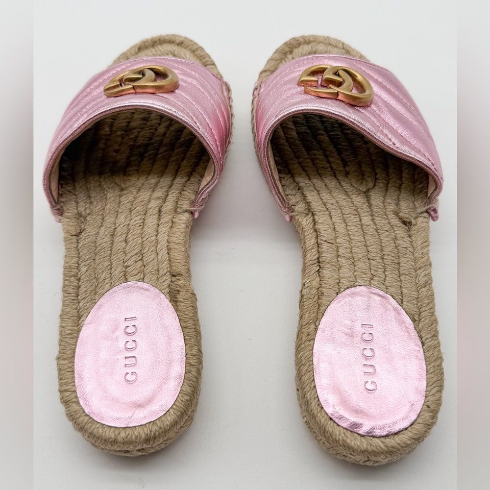 Gucci Pilar GG Marmont Metallic Rosa Leather Espadrille Slide Sandals EU 37 US 7 - Picture 5 of 12